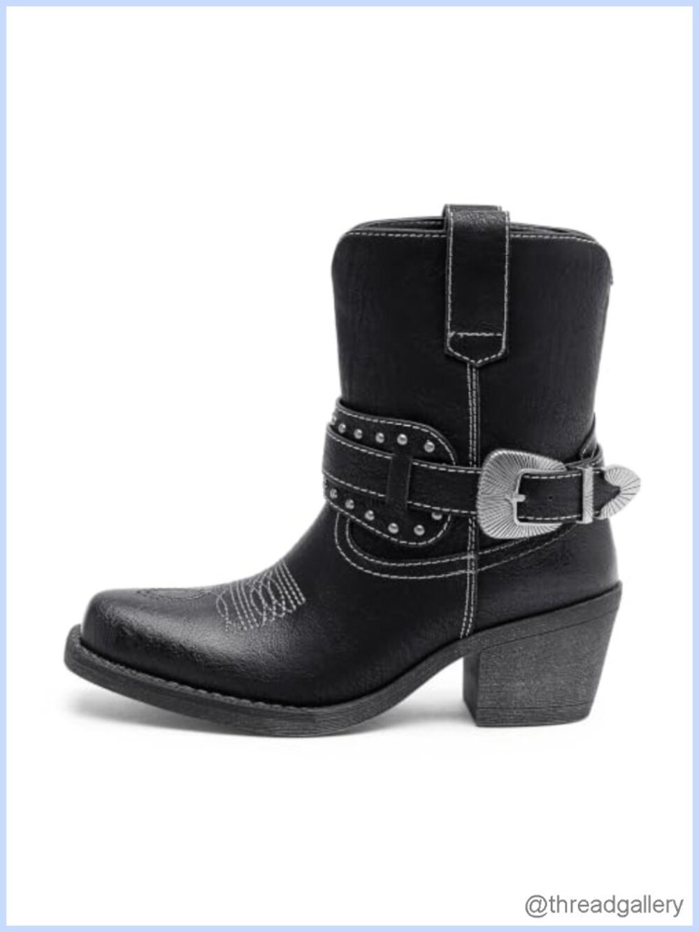 Western Ankle Boots Faux Leather Chunky Block Heel Square Toe